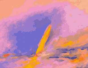 Sailboat Close to Shore in Yellow, Orange & Purple Digital Painting, Art, Artwork, Illustration, & Design