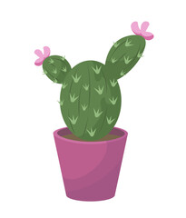 Cacti in flower pot. Tropical and exotic plant in ceramic violet vase. Gardening and botany, horticulture. Sticker for social networks. Cartoon flat vector illustration isolated on white background