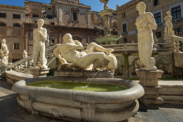 In the heart of Palermo's loveliest square, Piazza Pretoria, stands this magnificent fountain, Fontana Pretoria, work of the Florentine sculptor Francesco Camilliani. Palermo, Sicily, Italy.