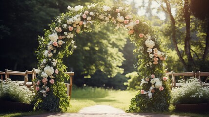 Before the wedding ceremony, there is a wedding archway in the backyard and a happy wedding couple outdoors.