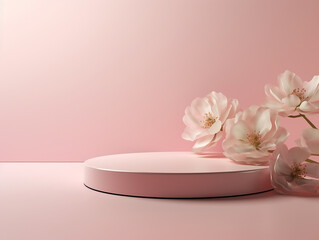 3D Display Podium with Pastel Pink Flower Background

