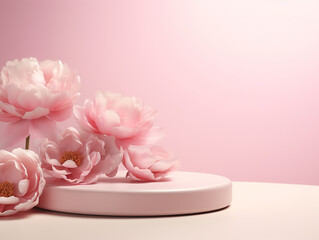 Fototapeta na wymiar 3D Display Podium with Pastel Pink Flower Background
