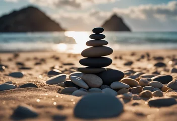 Outdoor kussens Balanced pebble pyramid silhouette on the beach with the ocean in the background Zen stones © ArtisticLens