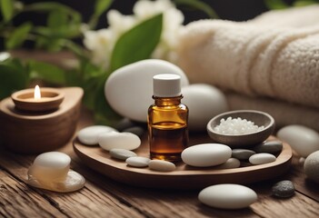 Beauty treatment items for spa procedures on wooden table massage stones essential oils and sea salt