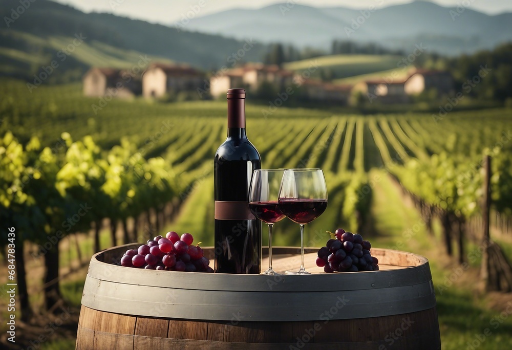 Wall mural Red wine bottle and wine glass on wooden barrel with vineyard background