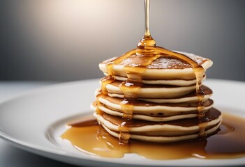 Stack of pancake with honey syrup on the white plate on isolated transparent background - obrazy, fototapety, plakaty