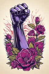 A fist in the middle of a bunch of flowers. Feminist resistance concept illustration. March 8, international women day.