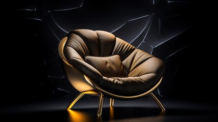 Luxury armchair in gold with a vectorial plan on a dark background delicate warm lighting cozy relax tall determination
