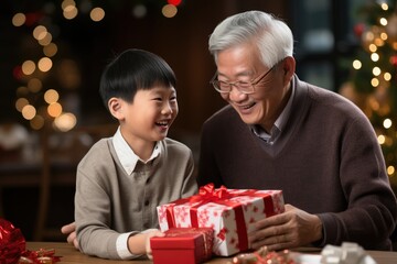 Joyful Grandfather and Grandson Sharing Christmas Presents 