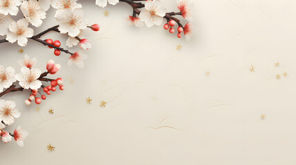 christmas decoration on the wall pink cherry flowers on white background
