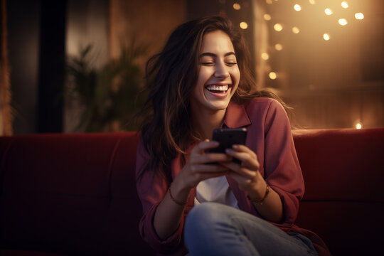 Happy relaxed young woman sitting on couch using cell phone, smiling lady laughing holding smartphone. Looking at cell phone enjoying doing online e commerce shopping in mobile apps or watching videos