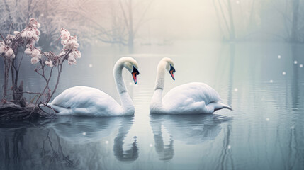 two swans on the lake in winter with snow and fog.