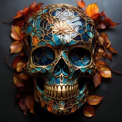 A blue and gold skull surrounded by leaves.