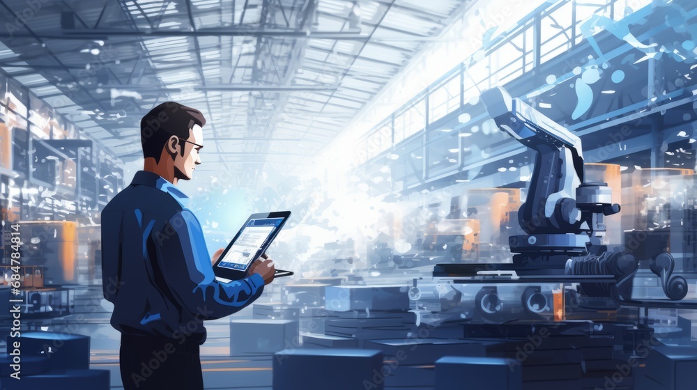 Poster tech-savvy worker operating factory robot with tablet – industrial automation illustration