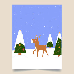 christmas card with deer flat vector illustration