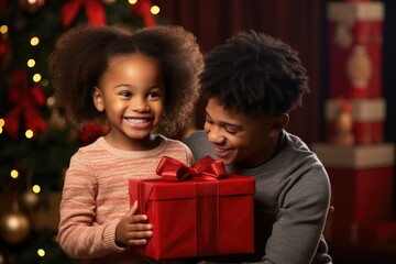Fototapeta na wymiar Joyful Siblings Sharing a Christmas Gift 