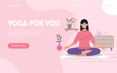 Yoga for you webpage. Woman sitting in lotus position. Landing page design. Active lifestyle and sport, stretching. Young girl in asana inside apartment. Cartoon flat vector illustration