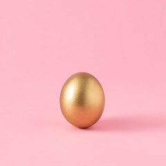 Golden Easter egg on pastel pink background. Minimal aesthetic Christian holiday composition. Trendy layout.
