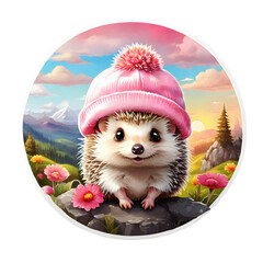 Sticker isolated cute cartoon hedgehog wearing a pink hat on nature background. Transparent background. Generative AI