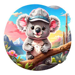 Sticker isolated cute cartoon  koala wearing a gray cap on the tree on nature background. Transparent background. Generative AI
