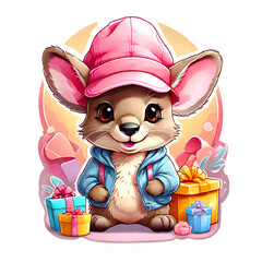 Sticker isolated cute cartoon kangaroo wearing a pink hat and jacketwith gift boxes. Transparent background. Generative AI