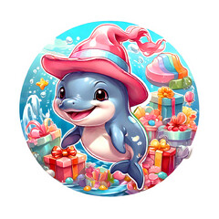 Sticker isolated cute whale wearing a pink hat with gift boxes. Transparent background. Generative AI