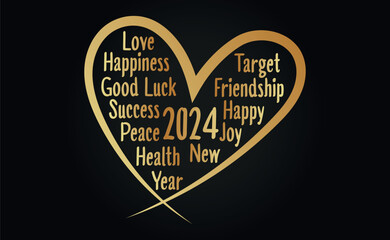 Happy New Year 2024 with golden love heart shape greeting shape background