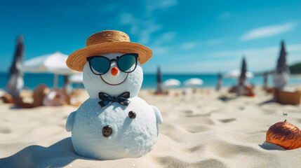 Funny snowman in hat and sunglasses on sandy beach. Christmas vacation concept to warm countries.