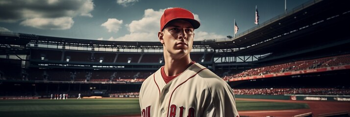 Baseball Player Ready in the Heart of the Stadium. Wide Banner with Copyspace