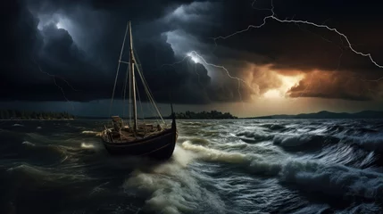 Küchenrückwand glas motiv Boat in a stormy sea during a storm. © Restyler