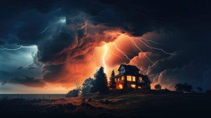 Lightning strikes a detached house. Natural disasters and cataclysms. Real estate insurance. - obrazy, fototapety, plakaty