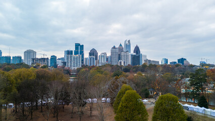 Fototapeta premium Aerial view of Atlanta skyline shot with a overcast sky during sunset