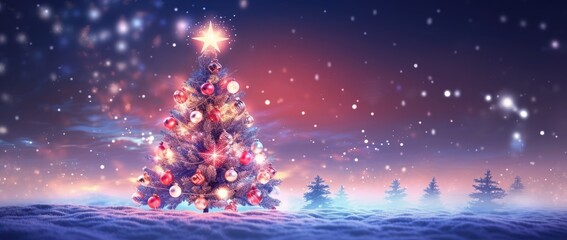  a brightly lit christmas tree in the middle of a snowy landscape with a star on top of the top of it.