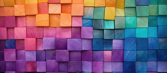  a multicolored wall made up of squares and rectangles of varying sizes and colors of different shades of blue, orange, yellow, pink, purple, green, and purple. - obrazy, fototapety, plakaty