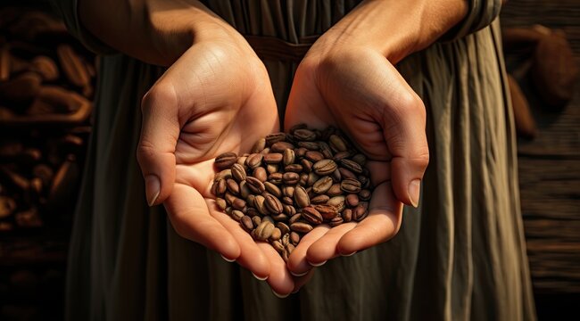  A Woman Holding Out Her Hands Over A Handful Of Coffee Beans In The Shape Of A Heart In Her Hands.