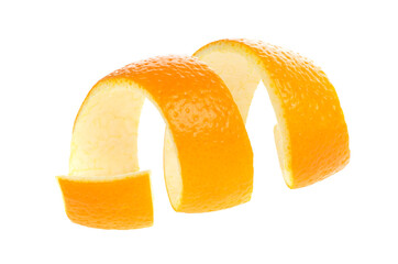 Orange twist isolated on a white background. Orange peel close-up. Orange citron.