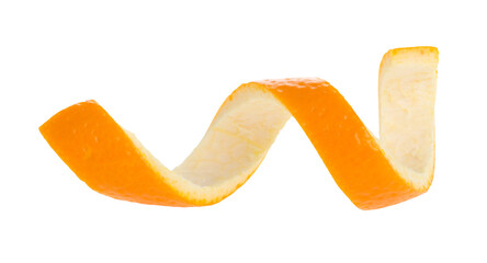 Spiral form of orange skin isolated on a white background, top view. Orange peel. Citron.