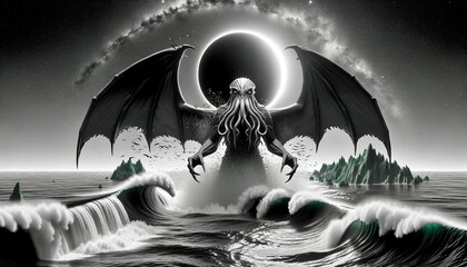 Cthulhu, Lovecraft, dark, scary, horror, monochrome, eclipse, apocalyptic, doom, tidal, art