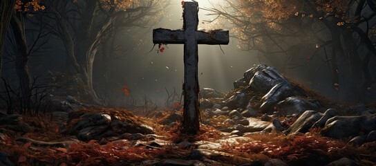  a cross sitting in the middle of a forest with a light coming through the trees and leaves on the ground.