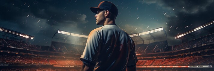 Baseball Player Ready in the Heart of the Stadium. Wide Banner with Copyspace