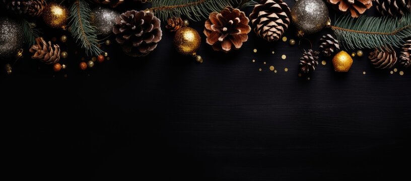 christmas decorations and pine cones on a black background with a place for a text or an image with a place for your own text.