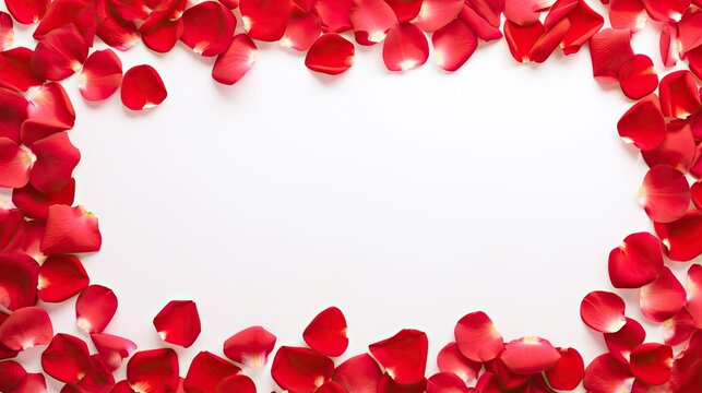  a white background with red petals in the shape of a heart and a place for a text on the left side of the image.