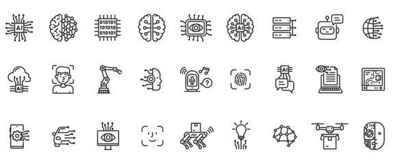 Artificial intelligence icon set. Ai icons, technology, future, science, robots, machine learning, cloud systems, delivery, medical diagnosis, identification etc.
