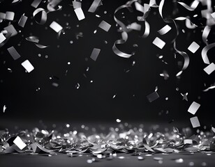 falling silver confetti on a black background