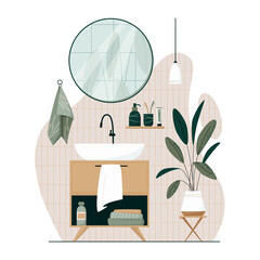 Bathroom interior design flat vector illustration.  Bathroom cabinet with sink, mirror, bathroom furniture, accessories and plants. Japandi or Scandinavian interior style isolated on white