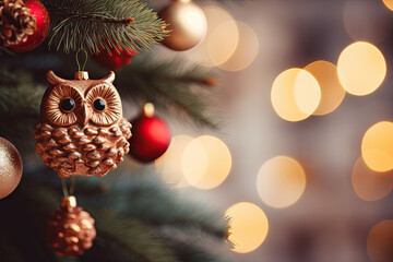 An owl ornament hanging from a christmas tree created with generative AI technology