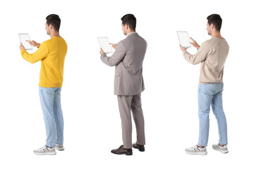 Man using tablet on white background, set of photos