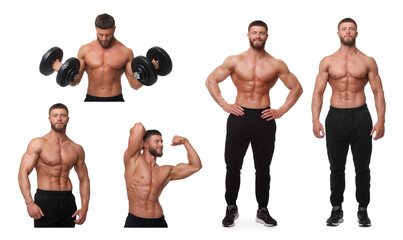 Handsome bodybuilder on white background, set of photos