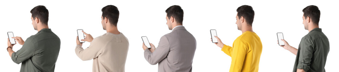 Man using smartphone on white background, set of photos