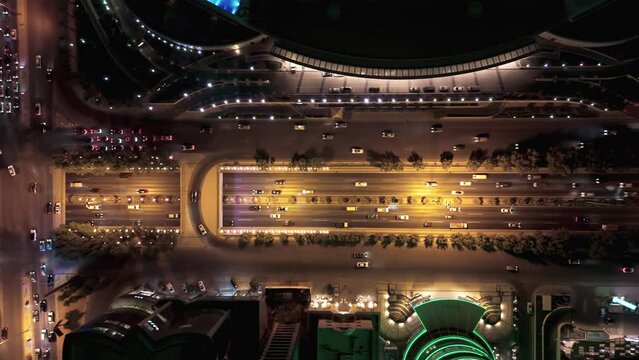 Drone shot flying. Saudi Arabia. Riyadh. Road. Night.